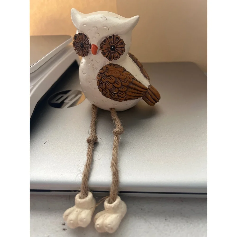 Rustic Owl Shelf Sitter Figurine White Brown Jute Rope Dangling Legs Decor